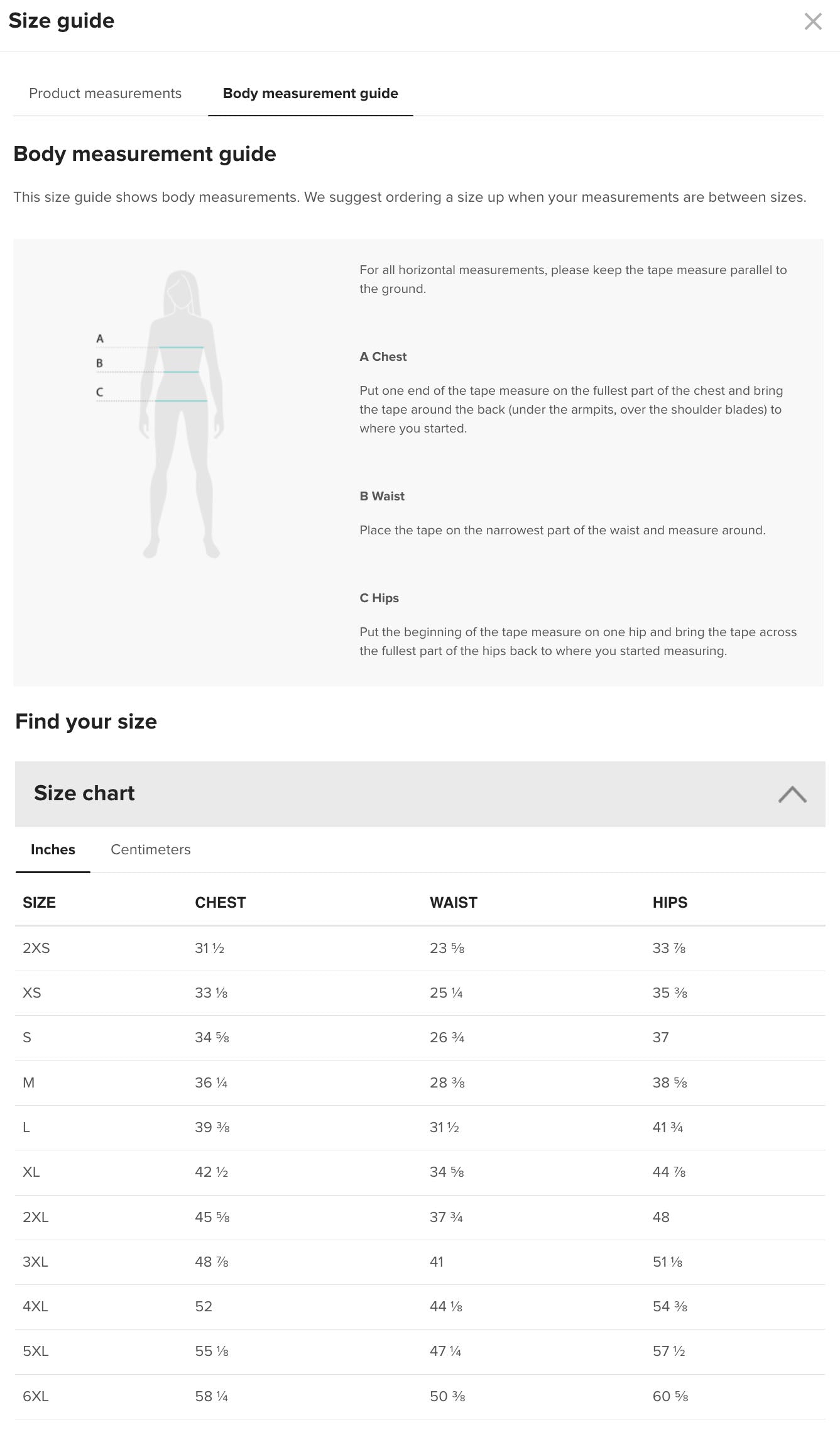 the size guide for a women's underwear