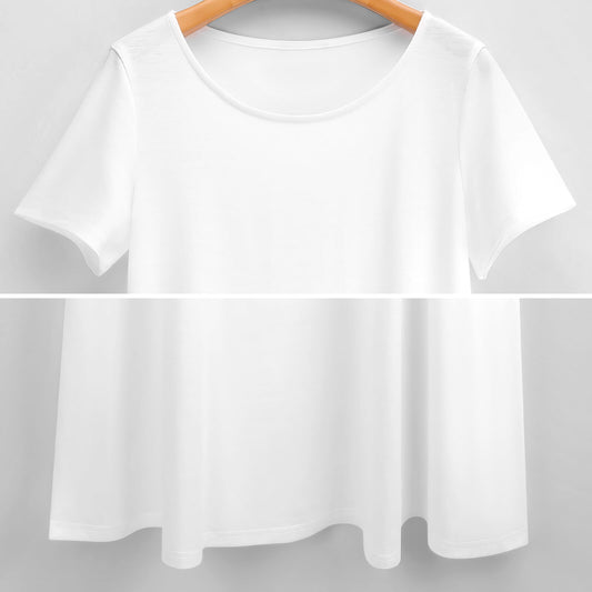 A white t-shirt hanging on a wooden hanger against a plain background.