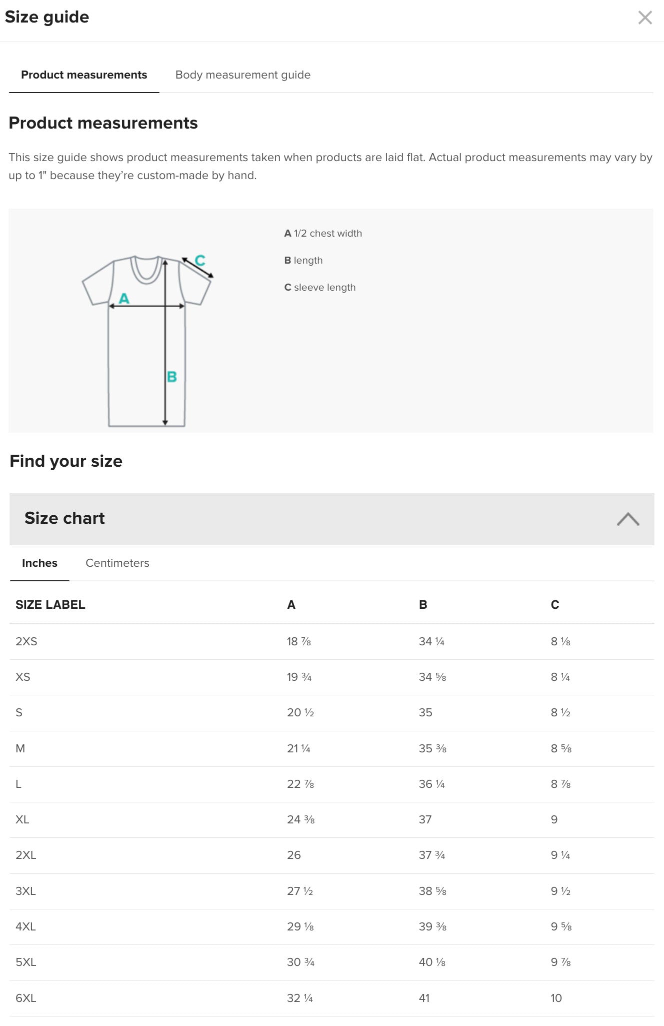 a screen shot of a t - shirt size guide