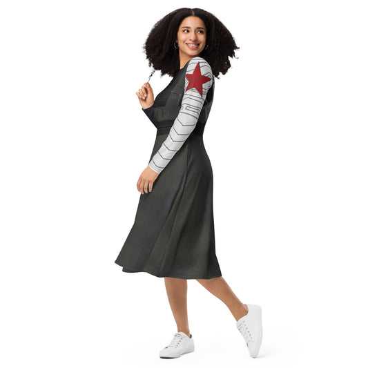 Bucky Inspired All-over print long sleeve midi dress