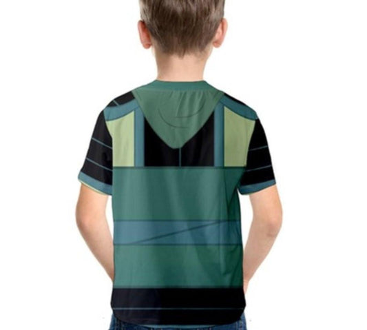 May include: A black and green short-sleeved t-shirt with a graphic print of a hooded cloak. The cloak is made of a dark green fabric and has a simple design.