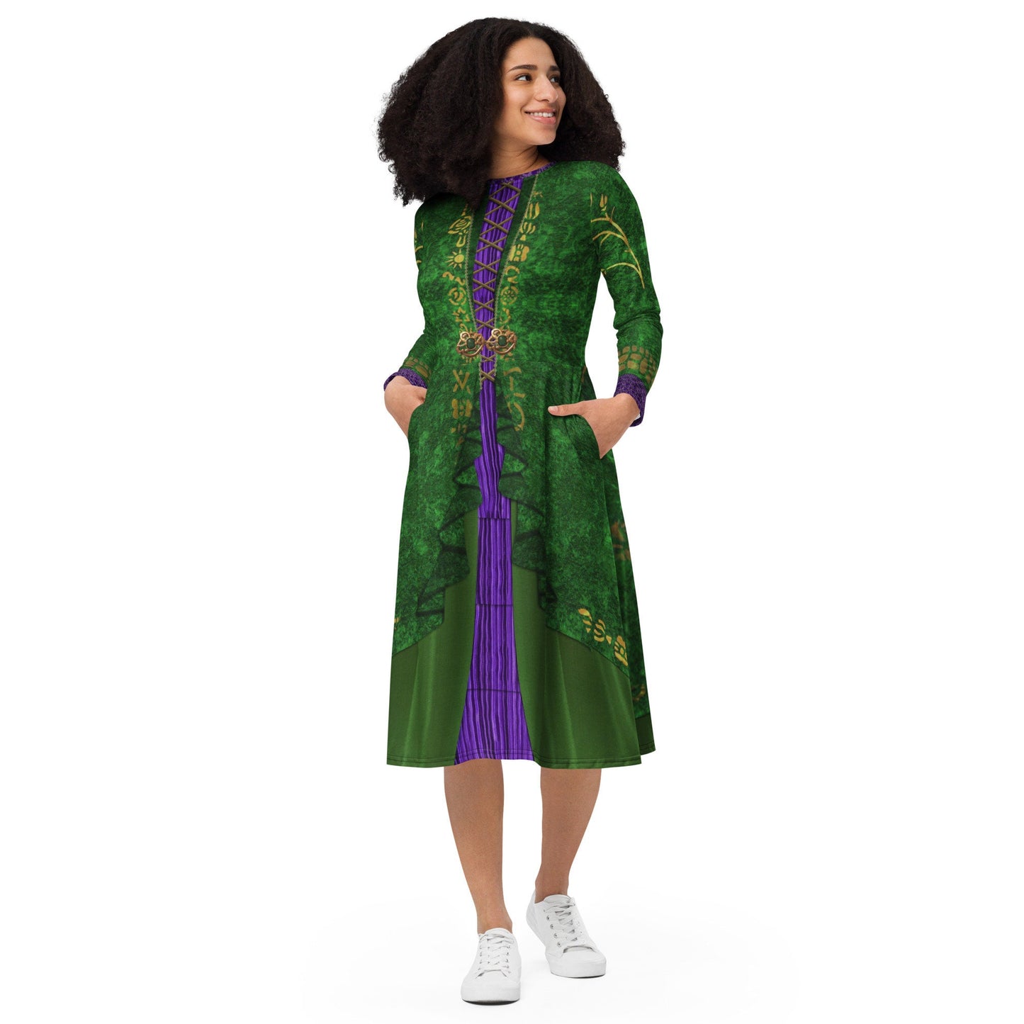 READY-to-SHIP Winifred Sanderson Inspired Midi Dress: All-Over Print, Long Sleeve (6XL)
