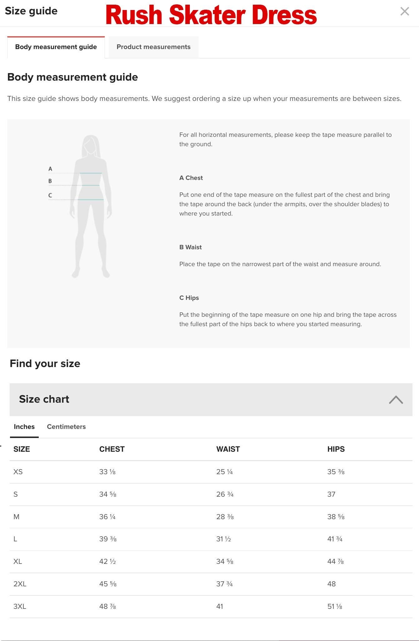 a screen shot of a dress size guide