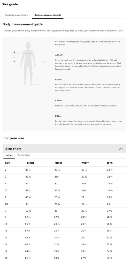 the size guide for the men's underwear