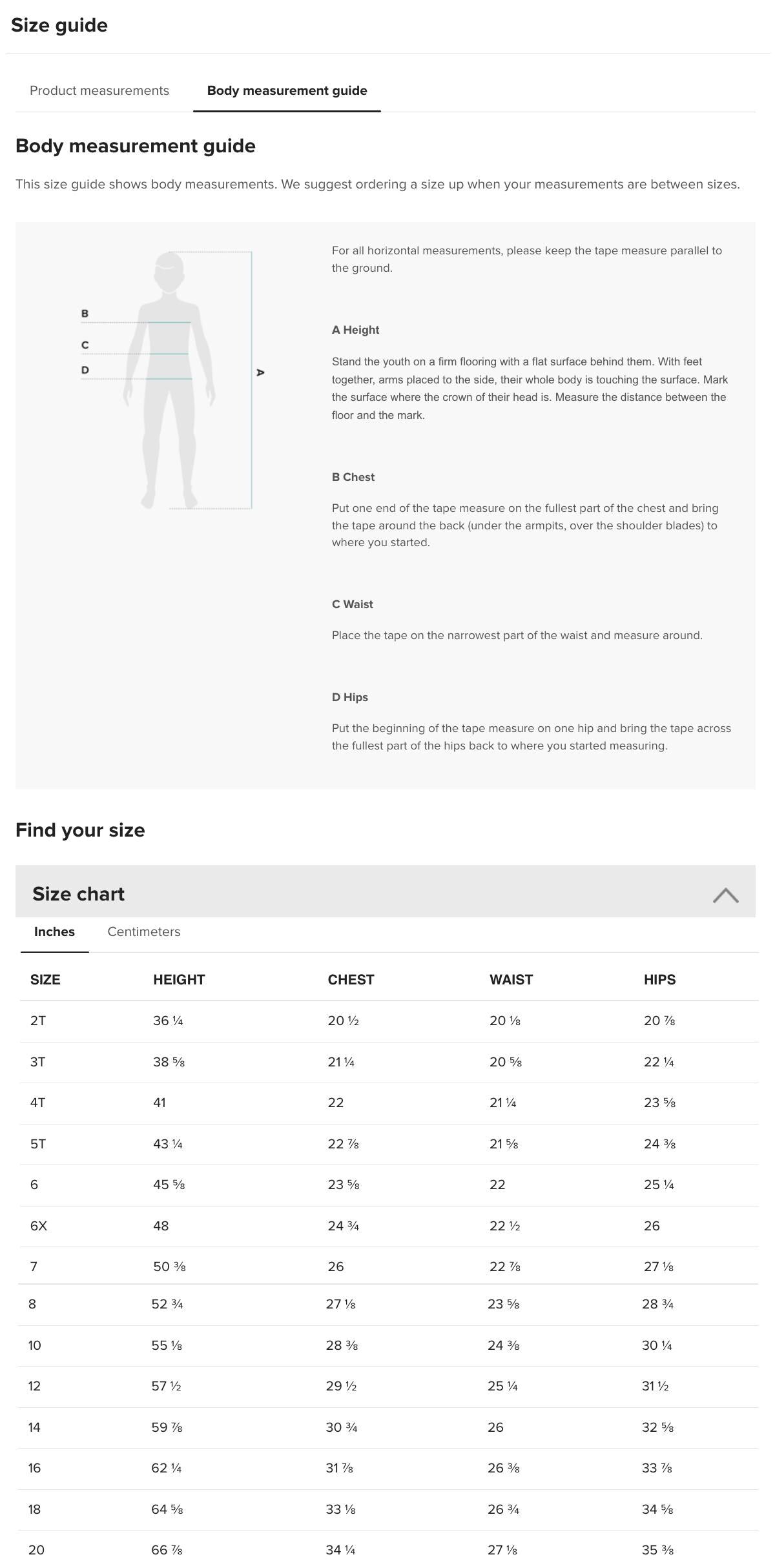 the size guide for the men's underwear