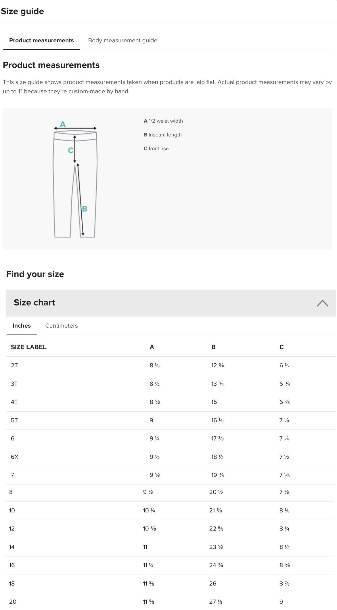 the size guide for the men's pants
