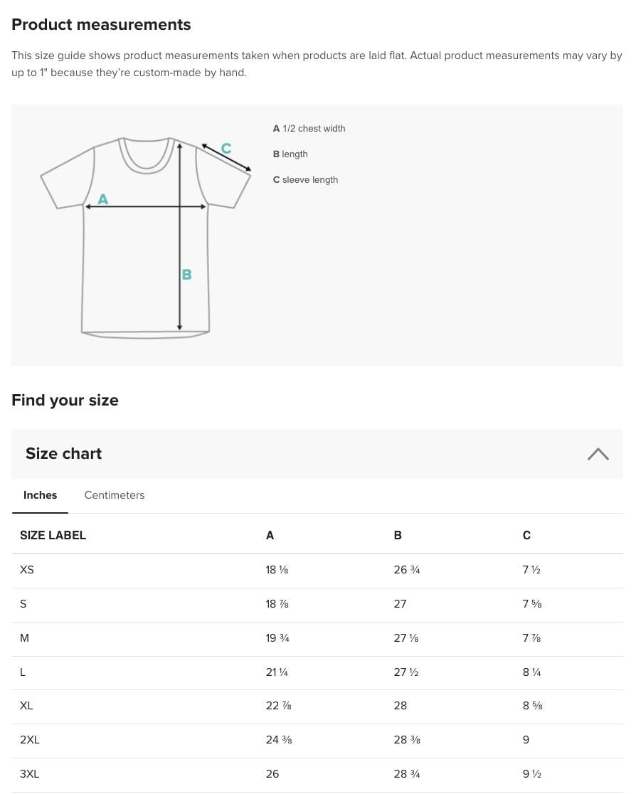 a screen shot of a t - shirt size guide