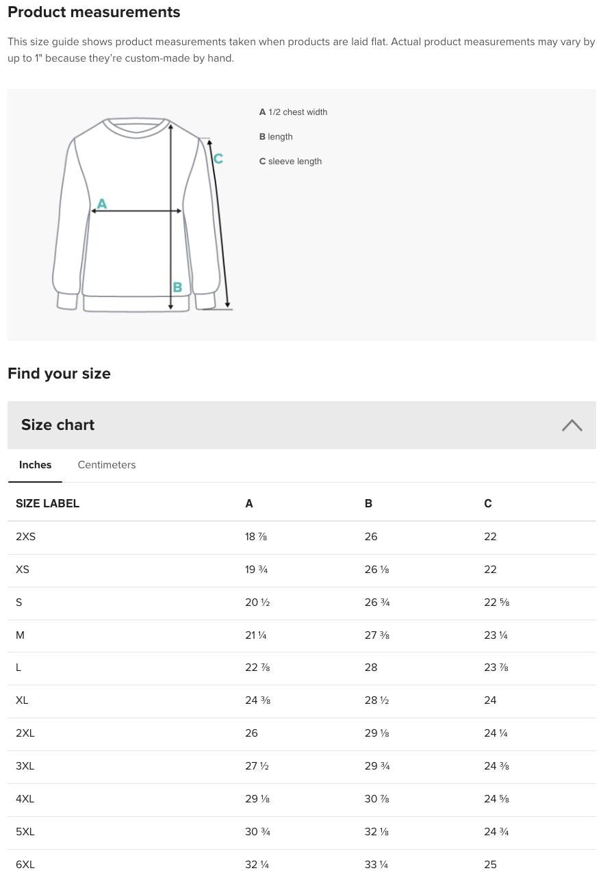 the size chart for a long sleeved shirt