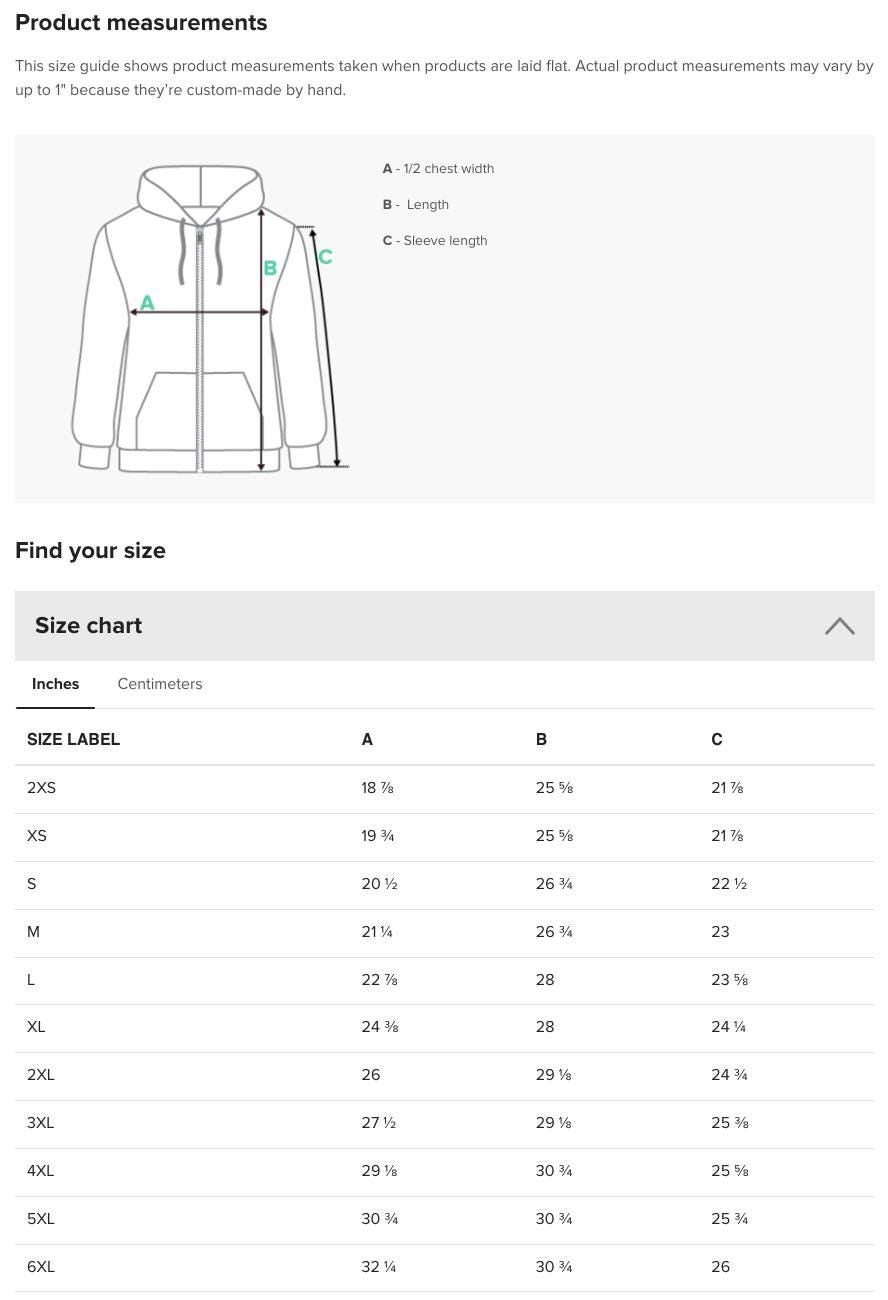the size chart for a jacket with measurements