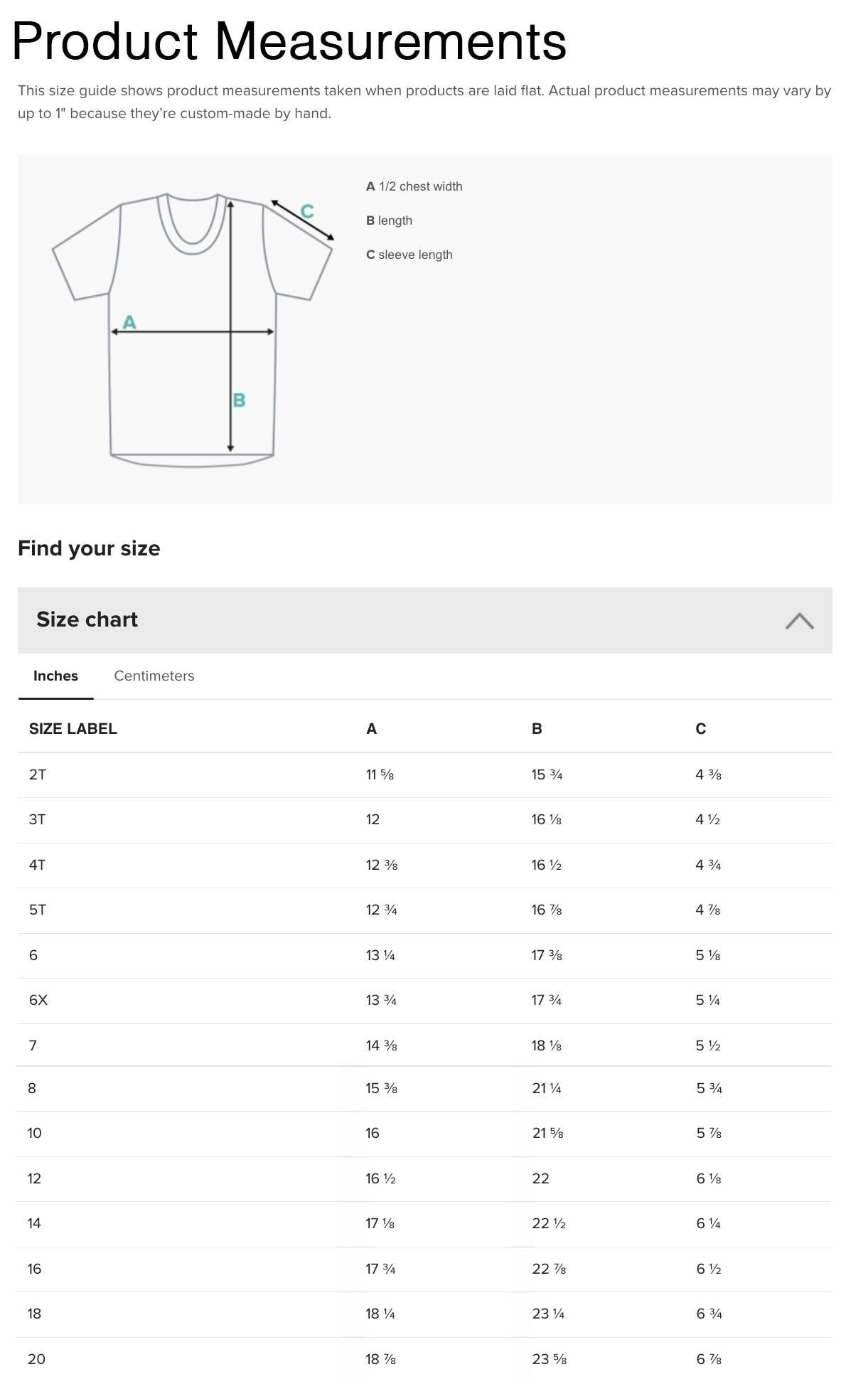 a screen shot of a t - shirt size guide