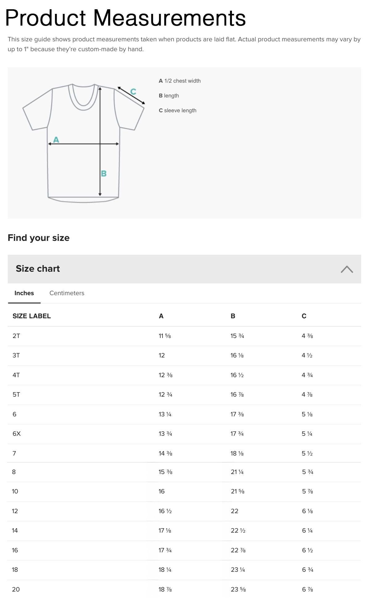 a screen shot of a t - shirt size guide