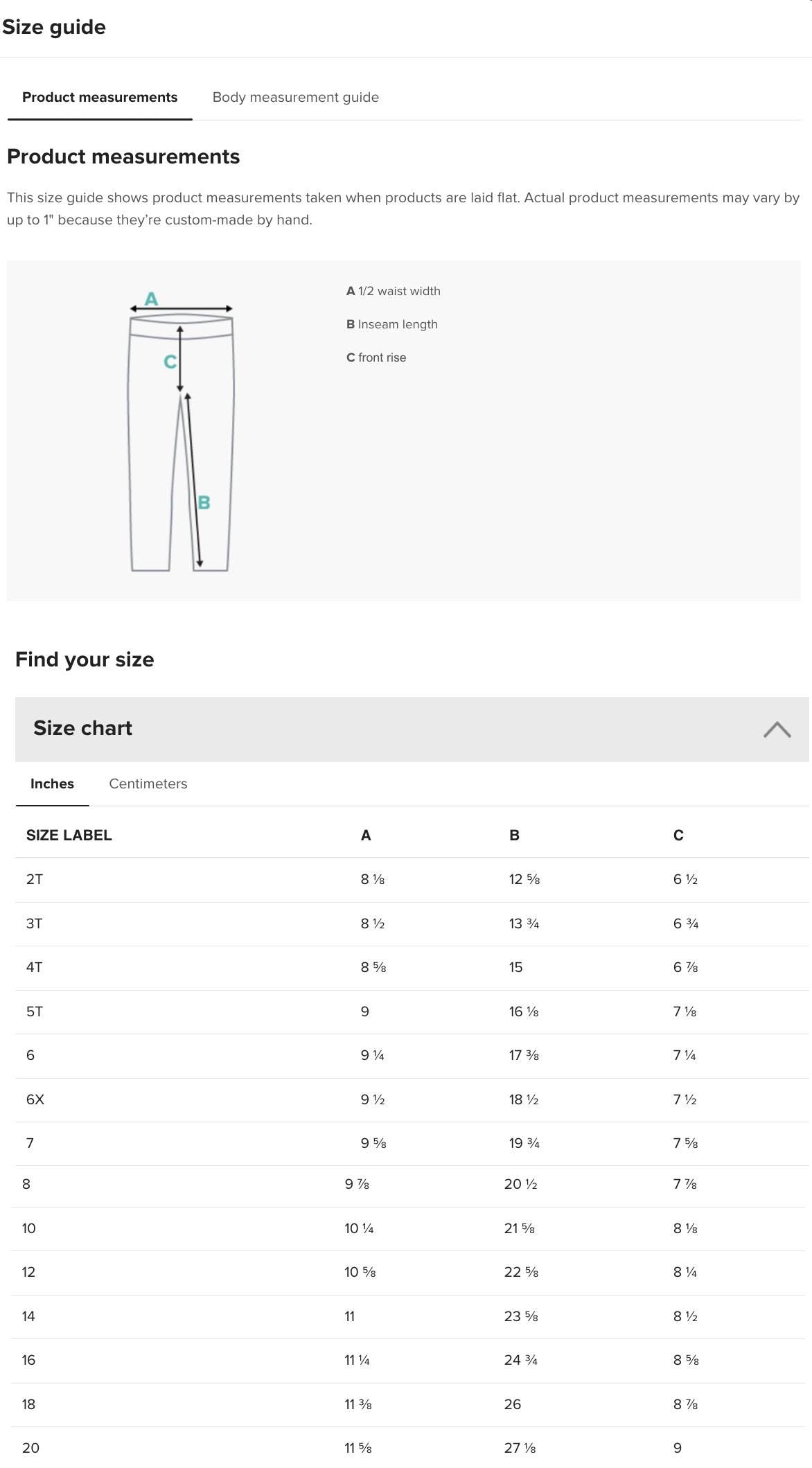 the size guide for the men's pants