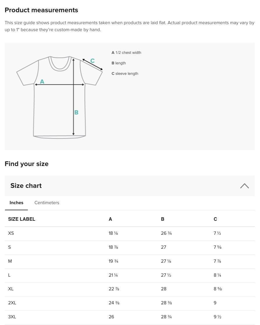 a screen shot of a t - shirt size guide