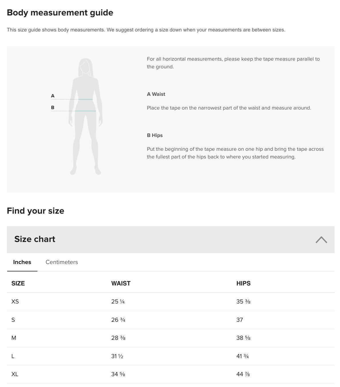 a screen shot of the body measurement guide