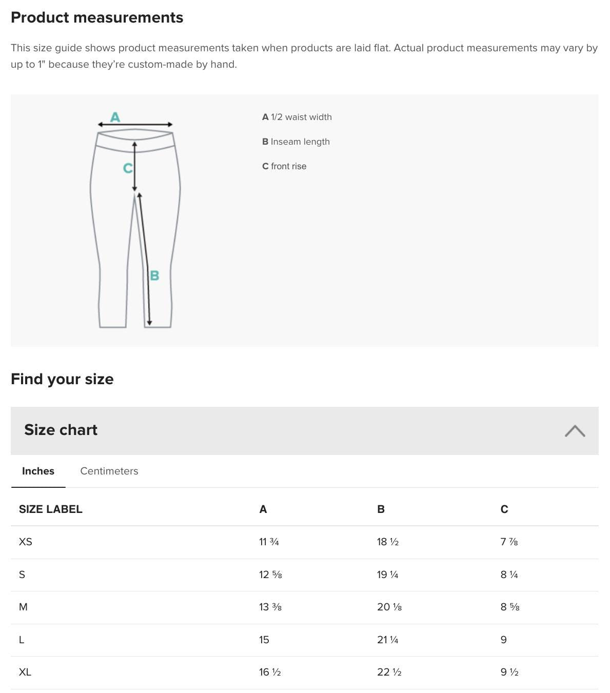 the size guide for a women's pants