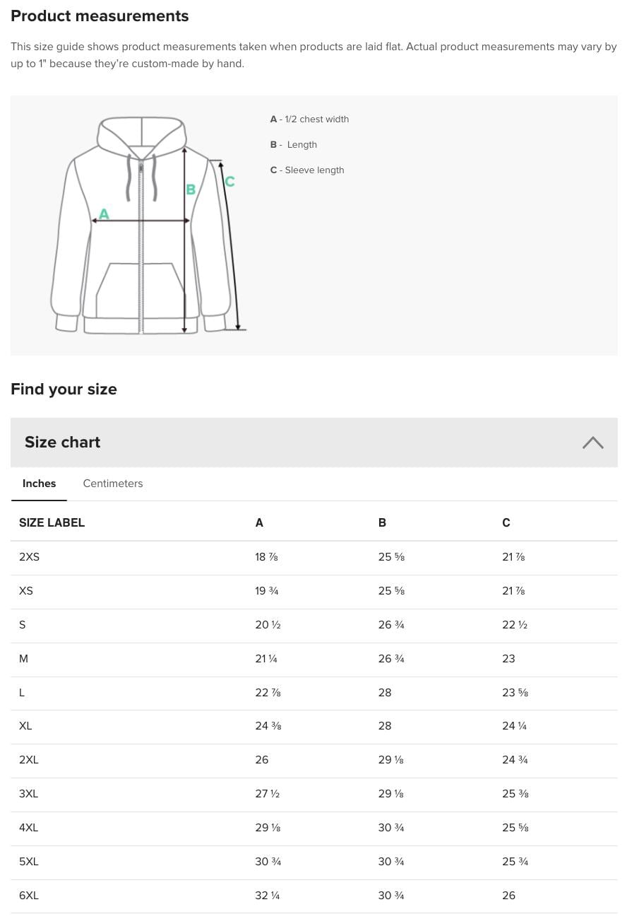 the size chart for a jacket with measurements