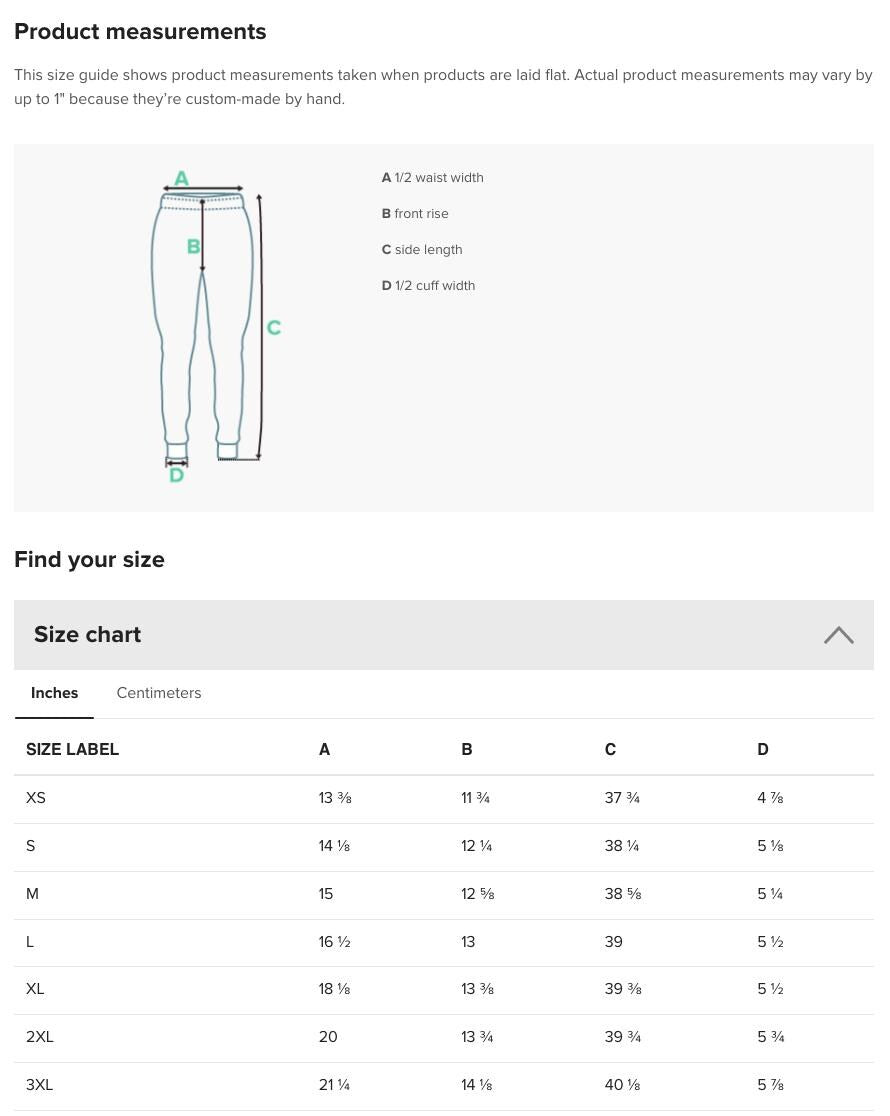the size guide for the men's pants