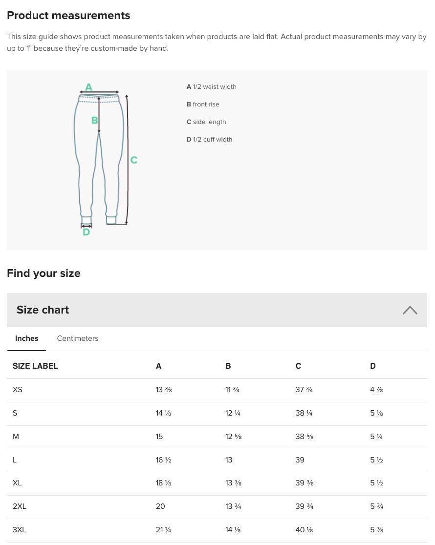 the size guide for the men's pants
