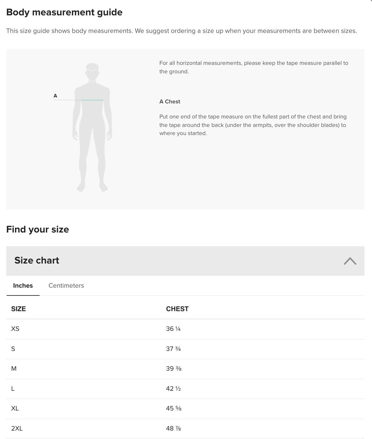 a screen shot of a body measurement guide