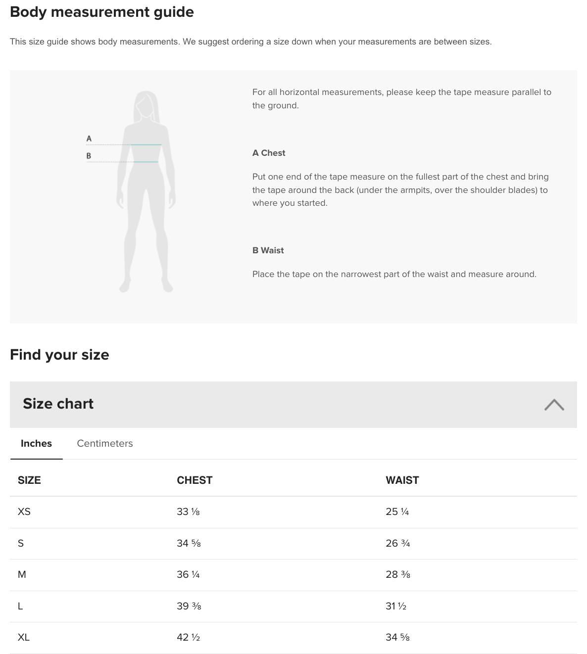 a screen shot of a body measurement guide
