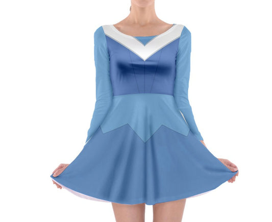 Blue Aurora Sleeping Beauty Inspired Long Sleeve Skater Dress