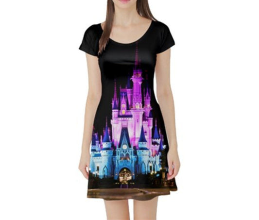 Nighttime Cinderella Castle Inspired Short Sleeve Skater Dress