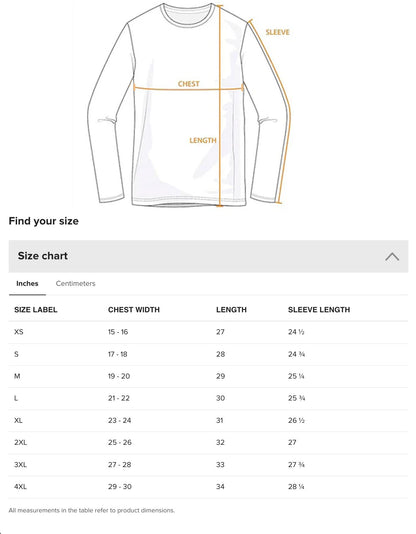 The image is a size chart for a long-sleeved shirt, providing measurements for chest width, length, sleeve length, and waist size.
