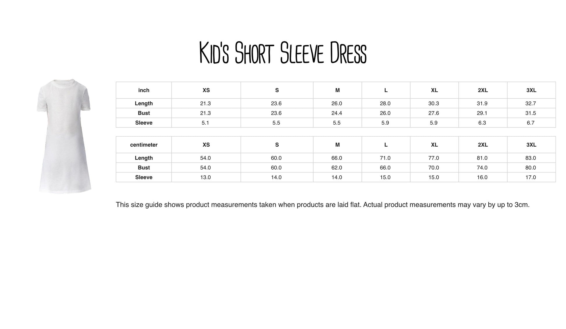 a white dress with measurements listed below it, indicating the dress's size and length.
