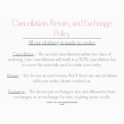 text that outlines a policy for cancellations, returns, and exchanges. It provides information on how to handle cancellations, returns, and exchanges, and includes a thank you message at the bottom. The image does not contain any specific details about individual images or descriptions, and it does not begin with phrases like 'The image depicts', 'The image displays', 'The image shows', 'In the image', 'The image captures', 'The image features', or similar phrases.