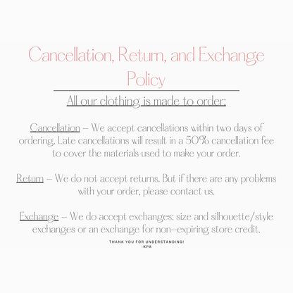 text that outlines a policy for cancellations, returns, and exchanges. It provides information on how to handle cancellations, returns, and exchanges, and includes a thank you message at the bottom. The image does not contain any specific details about individual images or descriptions, and it does not begin with phrases like 'The image depicts', 'The image displays', 'The image shows', 'In the image', 'The image captures', 'The image features', or similar phrases.