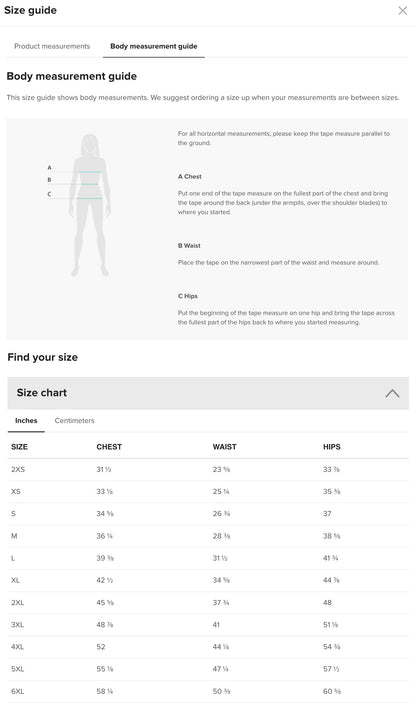 the size guide for a women's underwear