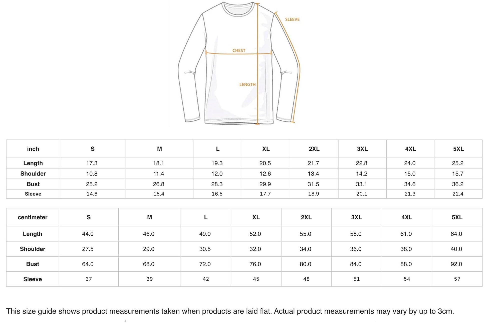a size guide for a long-sleeved shirt, providing measurements for different body sizes.