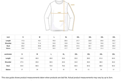 a size guide for a long-sleeved shirt, providing measurements for different body sizes.