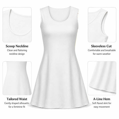 The image is a collage of five photos depicting different aspects of a white sleeveless dress, including the scoop neckline, sleeveless cut, tailed waist, A-Line hem, and soft flared skirt for easy movement.