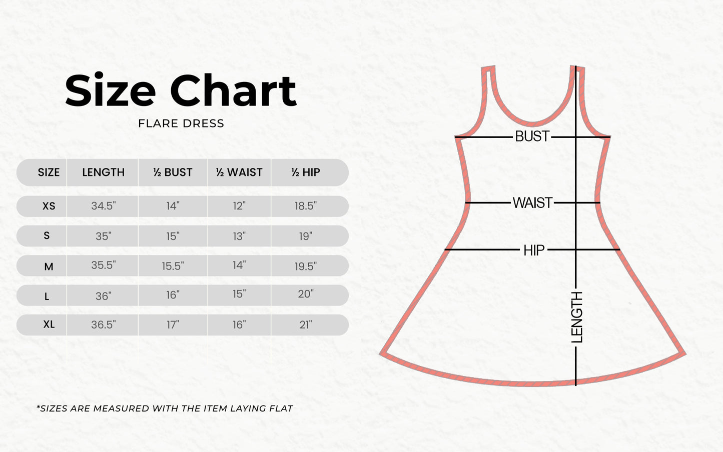 The image is a size chart for a flared dress, showing the measurements for different body types.