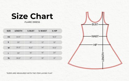 The image is a size chart for a flared dress, showing the measurements for different body types.