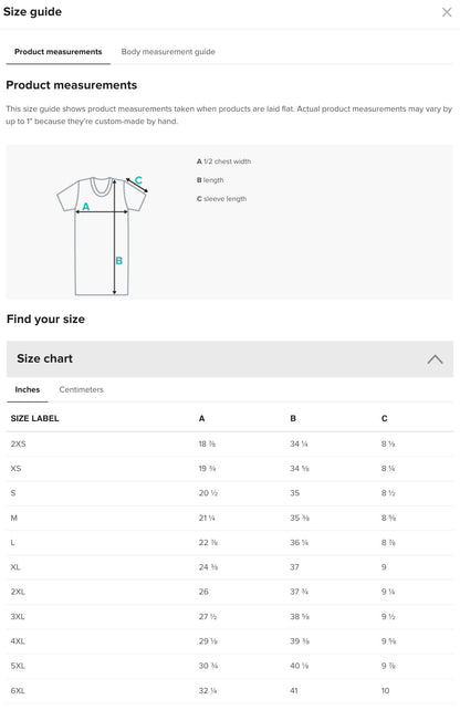 a screen shot of a t - shirt size guide