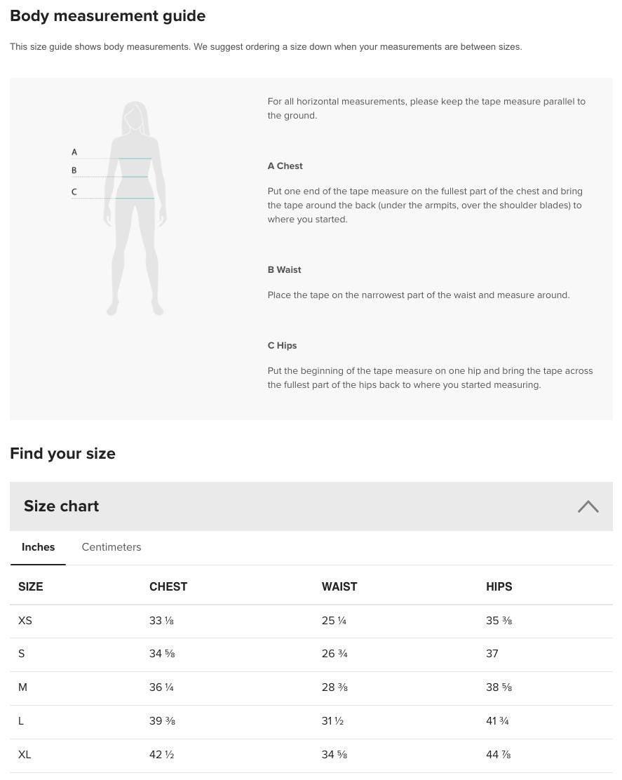 a size chart for various body measurements, including chest, waist, hips, and thighs, with corresponding inches and centimeters.