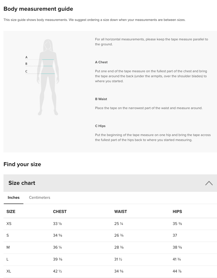 a person wearing a size guide for various measurements, such as chest, waist, hips, and shoulders.