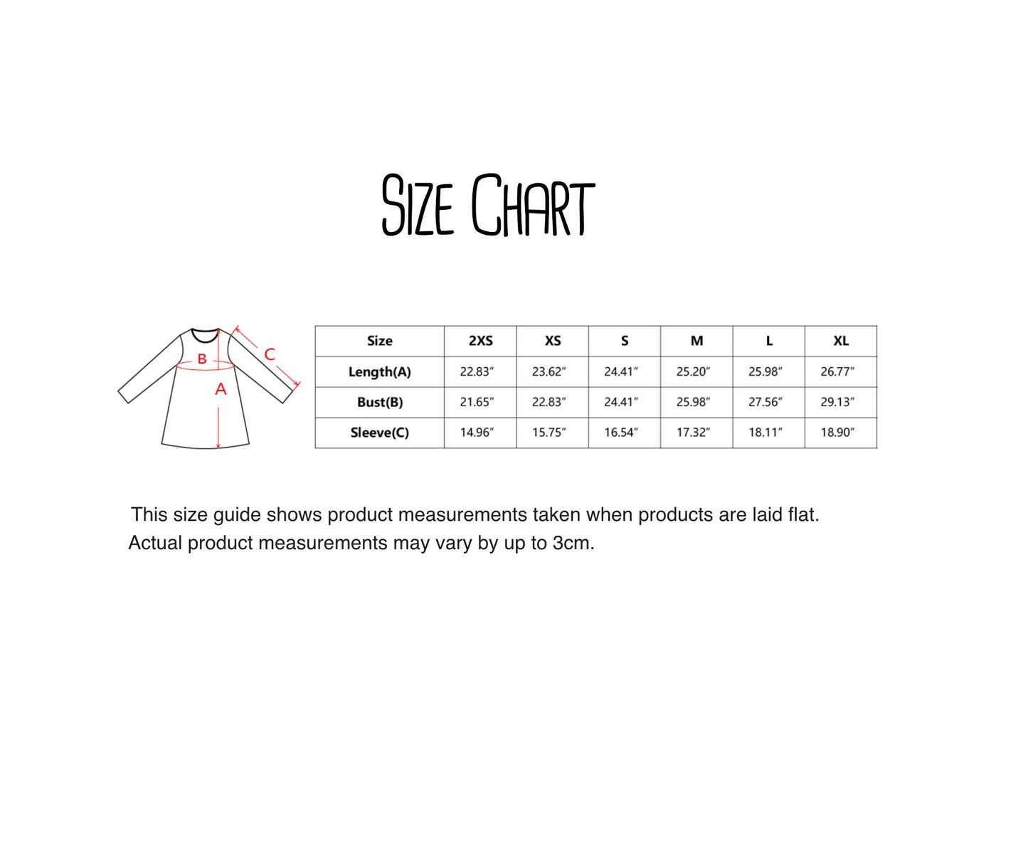 a size chart for a dress, with measurements for different sizes (XS, S, M, L, XL) and corresponding bust sizes (B, A).