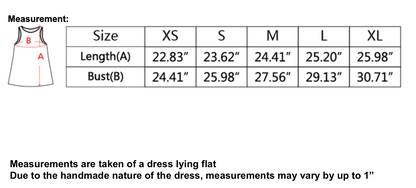 a dress size chart with measurements for different sizes, including A, B, C, D, E, F, G, H, I, J, K, L, M, N, O, P, Q, R, S, T, U, V, W, X, Y, Z, and some additional sizes like S, M, L, XL, and XXL. The measurements are taken by lying flat on the dress, and they may vary by up to 1" due to the handmade nature of the dress.