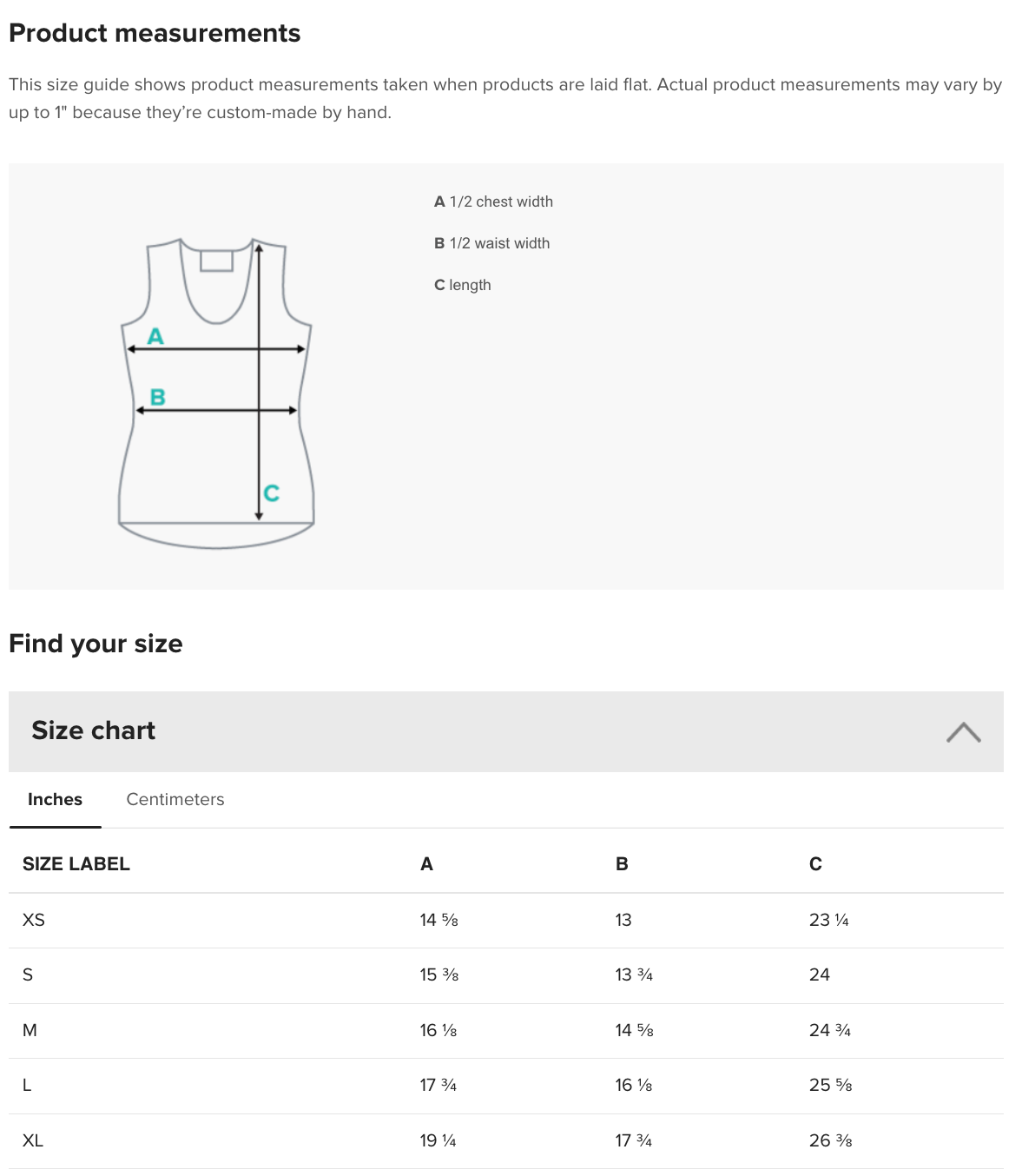 a size chart for a product, which provides measurements for different sizes based on the brand 'XS', 'S', 'M', and 'L'. The chart includes the brand letter 'A', 'B', 'C', and 'D' for each size, along with the corresponding measurements in inches and centimeters. The chart is designed to help customers find their size based on the brand and size labels provided.