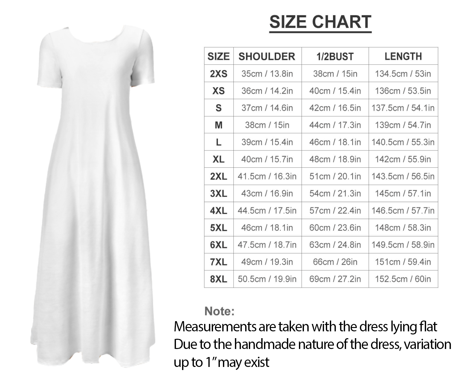 a white dress with measurements listed below it, indicating the size chart for the dress.