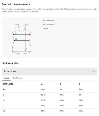 a size chart for a product, with measurements in inches and centimeters. The chart provides size labels A, B, C, and XS, as well as waist, chest, and length measurements for different sizes. The chart is designed to help customers find their size based on the provided measurements.