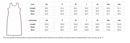 a size chart for a dress, providing measurements for different sizes such as XS, S, M, L, XL, and 3XL. The chart includes a diagram of the dress and the corresponding measurements.