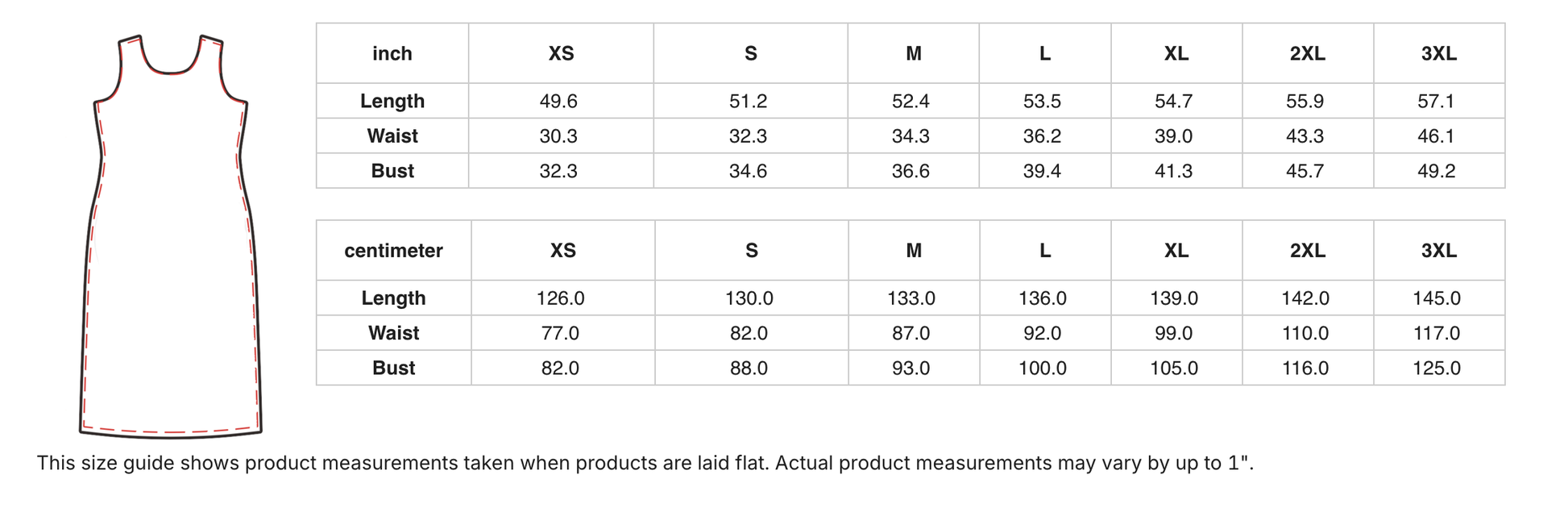 a size chart for a dress, providing measurements for different sizes such as XS, S, M, L, XL, and 3XL. The chart includes a diagram of the dress and the corresponding measurements.