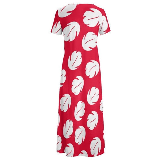 A red dress with white leaf patterns on it.