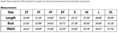a table with measurements for various sizes of bust, waist, and waist sizes, along with corresponding length measurements. The table provides a standardized way to compare different sizes and dimensions for clothing items.