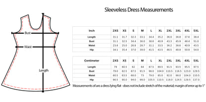 The image is a detailed diagram of a sleeveless dress, providing measurements for bust, waist, hip, and waist measurements. The diagram includes a table with measurements for bust, waist, and hip, as well as a list of measurements for 2XS, XS, S, M, L, XL, 2XL, and 3XL. The image also includes a caption that states the measurements of a dress lying flat does not include the stretch of the material, which is a common practice in dressmaking.