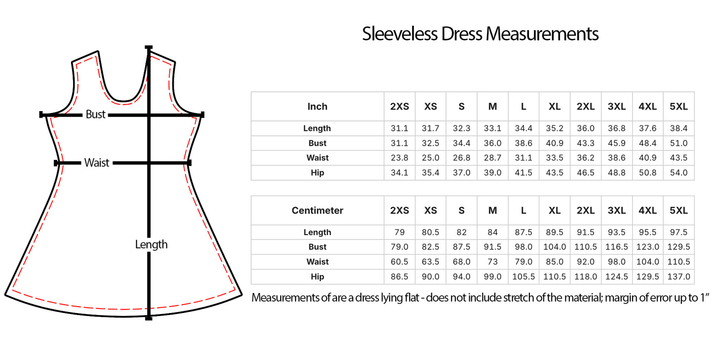 The image is a detailed diagram of a sleeveless dress, providing measurements for bust, waist, hip, and waist measurements. The diagram includes a table with measurements for bust, waist, and hip, as well as a list of measurements for 2XS, XS, S, M, L, XL, 2XL, and 3XL. The image also includes a caption that states the measurements of a dress lying flat does not include the stretch of the material, which is a common practice in dressmaking.